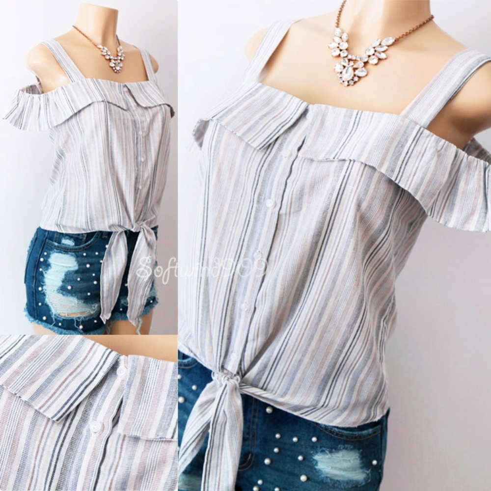 Last☝️ Striped Off Shoulder Button Tie Front Top - Picture 2 of 8